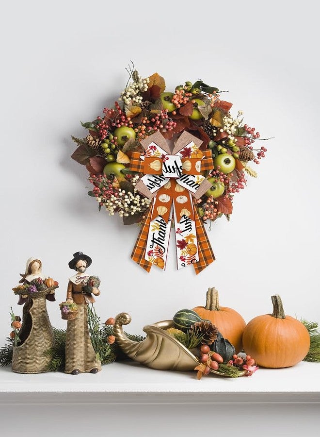 Heureppy Large Fall Wreath Bows Thanksgiving Fall Bows for Wreath Brown Thankful Words Buffalo Plaid Burlap Decor Bows for Thanksgiving Autumn Front Door Indoor Outdoor Tree Topper Wreath Decoration Supplies - Image 3